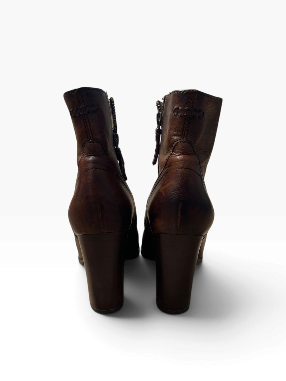 Frye Brown Leather Block Heel Ankle Boots - Picture 5 of 10